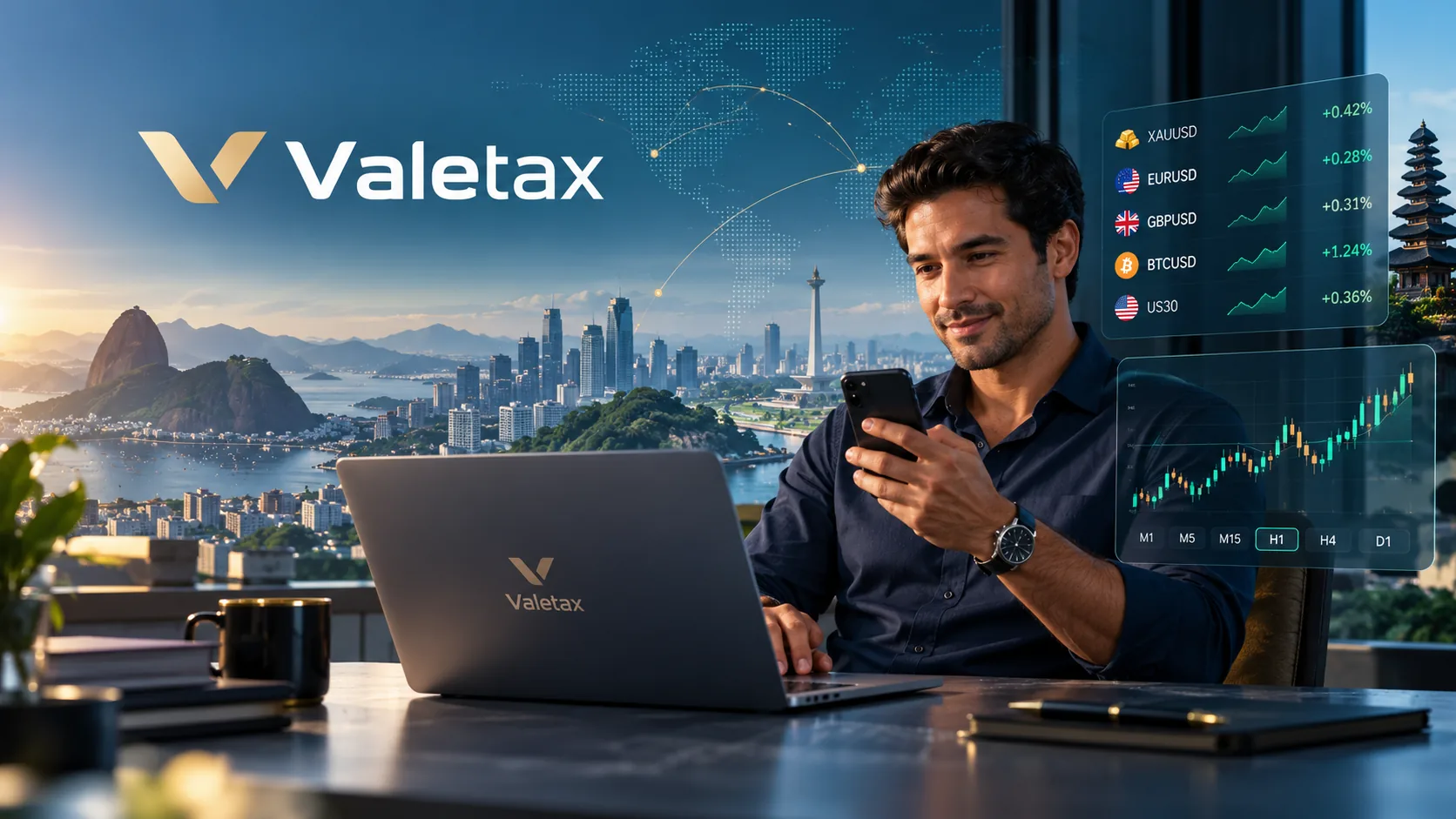 Valetax themed illustration with trader and market charts
